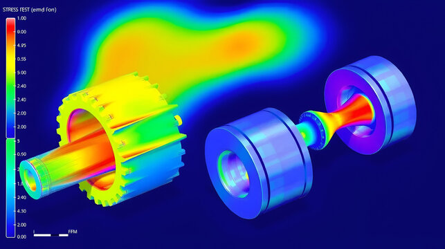 Stress test results of a crankshaft and pistons using FEM, with color maps that visualize the distribution of forces in the components.
