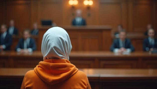 Person in headscarf sits in courtroom facing away. Figures in suits visible in background. Serious atmosphere, legal proceeding in session. Focus on defendant and judicial process.