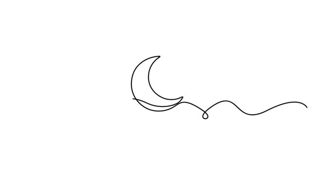Self animated minimalist, continuous one-line drawing of a crescent moon