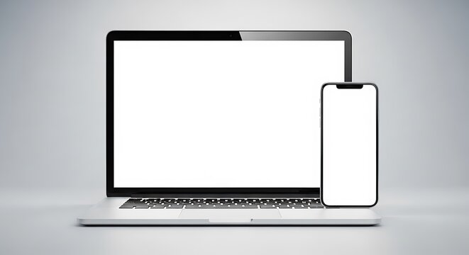 Modern laptop computer and smartphone with blank white screens isolated on a plain light gray studio background surface