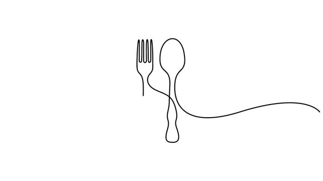 Self animated minimalist, single line art illustration drawing of a fork and a spoon
