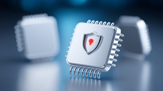 Secure microchip with a shield icon representing hardware security, trusted processing, and protected digital systems architecture.

