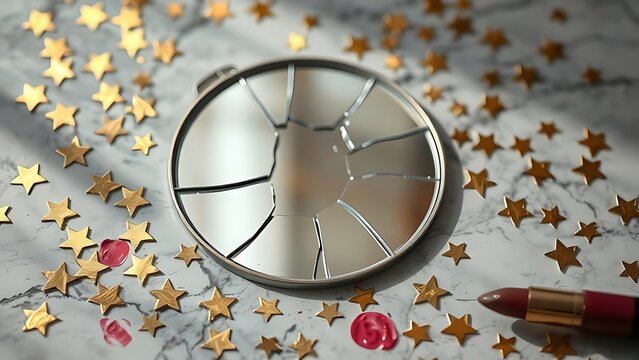 exemplification. Broken makeup mirror with scattered gold star stickers and lipstick marks on marble surface. lifestyle magazines.
