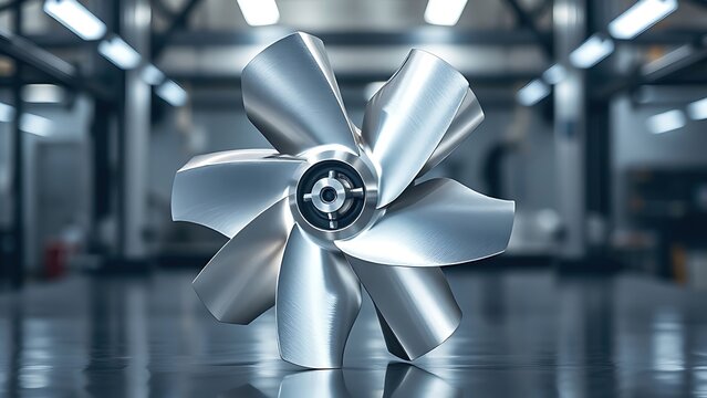 impeller. Stainless steel impeller with metallic reflections under industrial lighting. safety posters, maintenance manuals, designed for precision metalworking and fabrication facilities.