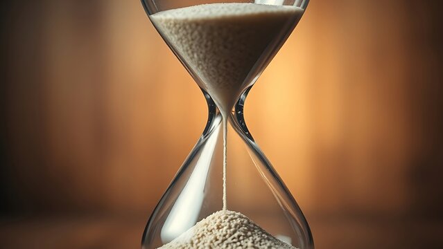 infamy. Final grain of sand falling through hourglass center, soft wooden background, dramatic lighting. wellbeing guides.
