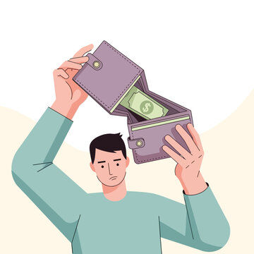 Man holding an empty wallet with only one dollar bill left, symbolizing financial struggles and economic hardship.