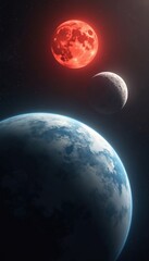 Fototapeta premium View of Earth planet from space. Red moon glows nearby. Distant star illuminates celestial bodies. Cosmic vastness stretches to infinity. Deep space exploration and future.