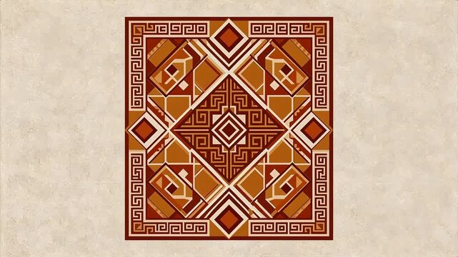 Geometric ornamental pattern in warm earth tones, inspired by Greek key and Mesoamerican motifs; symmetrical square design for textiles, packaging, or decorative art.