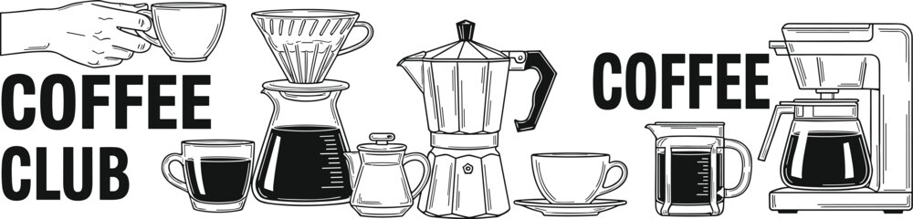 Coffee club hand drawn typography with brewing equipment mugs and coffee maker vintage vector illustration © MDShahin