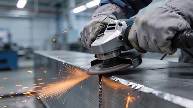 worker grinding metal with angle grinder in workshop sparks flying