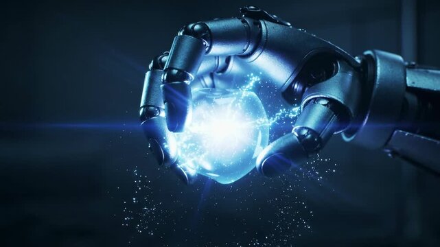 A dramatic image of a robotic hand cradling a glowing sphere, evoking concepts of innovation, future technology, and the potential of artificial intel