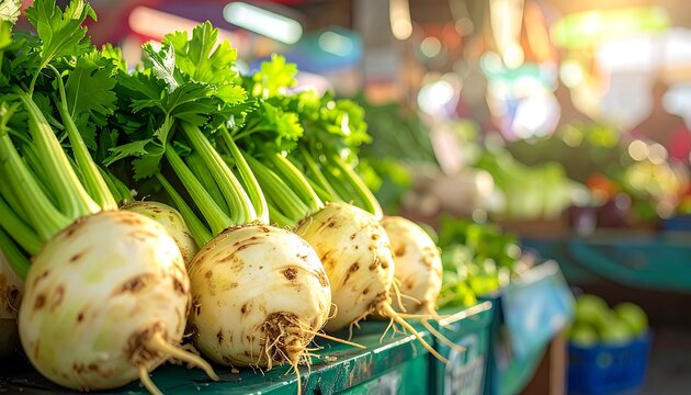 Close-up of fresh produce, celeriac and celery, displayed at a sunlit outdoor market. Vibrant greens contrast earthy tones, capturing freshness