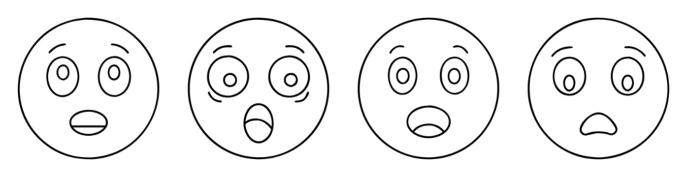 Four surprised emoji faces in a line art style on white background