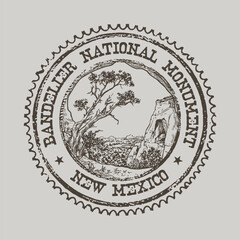 Obraz premium Official Vintage Postmark Design Representing The Ancient Cliff Dwellings Of Bandelier New Mexico. 