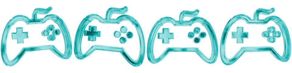 Set of four 3D gaming gamepad shapes in frosted blue ice glass style, isolated on a transparent background. Glassmorphism icons and 3D elements for modern graphic design. © Thanh