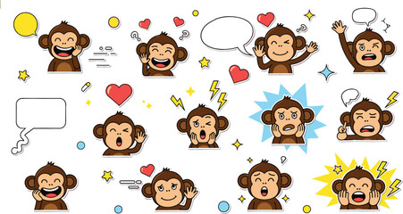 Cute monkey stickers set with speech bubbles and emotions, cartoon characters showing reactions, chat icons and expressive faces vector illustration collection © Mst