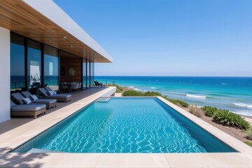 Fototapeta premium Modern dwelling unit concept. Modern house with a pool overlooking a clear blue ocean and sunny coastline.