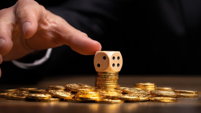 Hand placing dice on stack of gold coins.