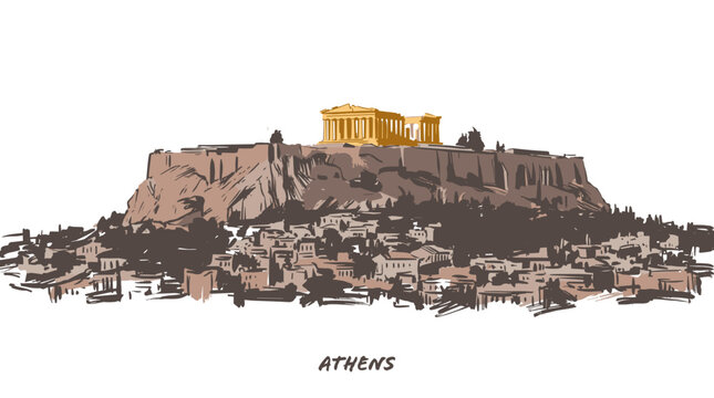 A stylized illustration of the Acropolis in Athens, Greece, perched atop a rocky hill overlooking a dense urban landscape.
