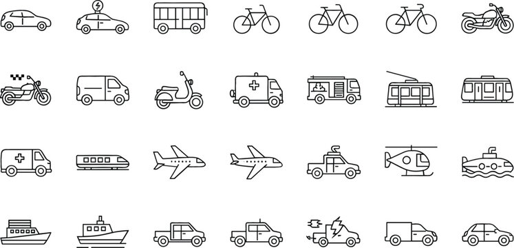 Transport line icons set with cars bikes buses emergency vehicles airplanes ships and more, modern outline transportation collection vector illustration pack