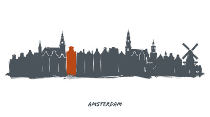 Fototapeta premium A stylized, minimalist skyline illustration of Amsterdam featuring iconic Dutch architecture, including gabled buildings and a windmill, with one building highlighted in orange.