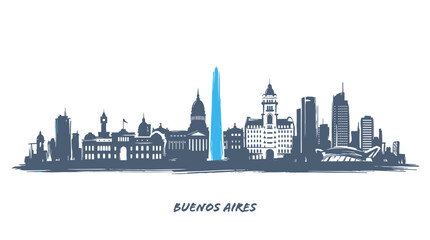 Obraz premium A detailed, artistic silhouette of the Buenos Aires skyline, featuring iconic landmarks like the Obelisco, rendered in shades of blue and gray against a white background.