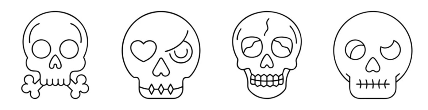 Four stylized line art skulls with varying features and expressions in simple drawing