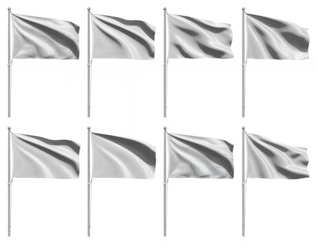 Six gray flags waving on flagpoles waving flags white background isolated