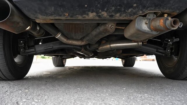 car undercarriage view with exhaust pipes and wheels on asphalt