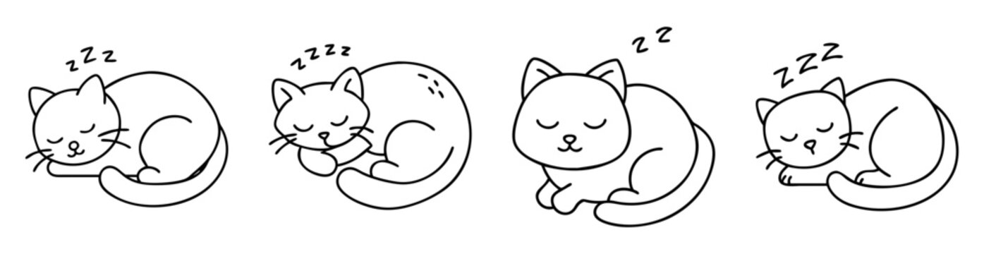 Four adorable cartoon cats sleeping peacefully in various curledup poses