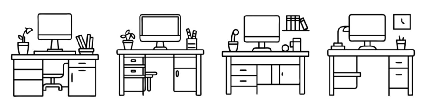 Collection of clean and minimal office desk icons in black and white