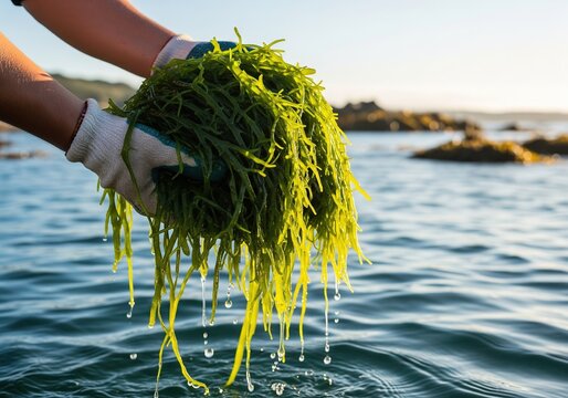 Hands in gloves holding fresh green seaweed harvest over blue ocean water