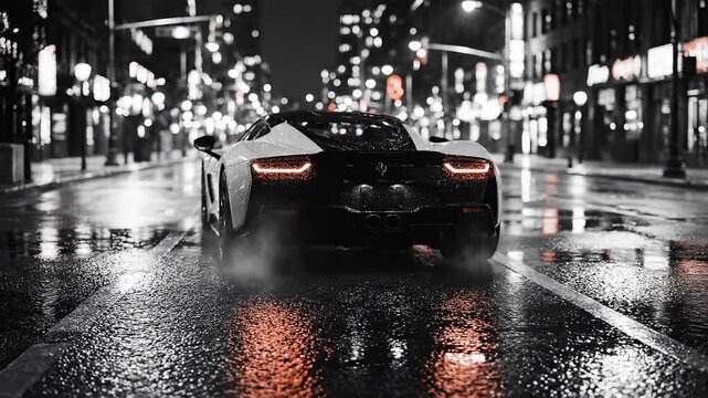 Sports car with illuminated tail lights on wet road