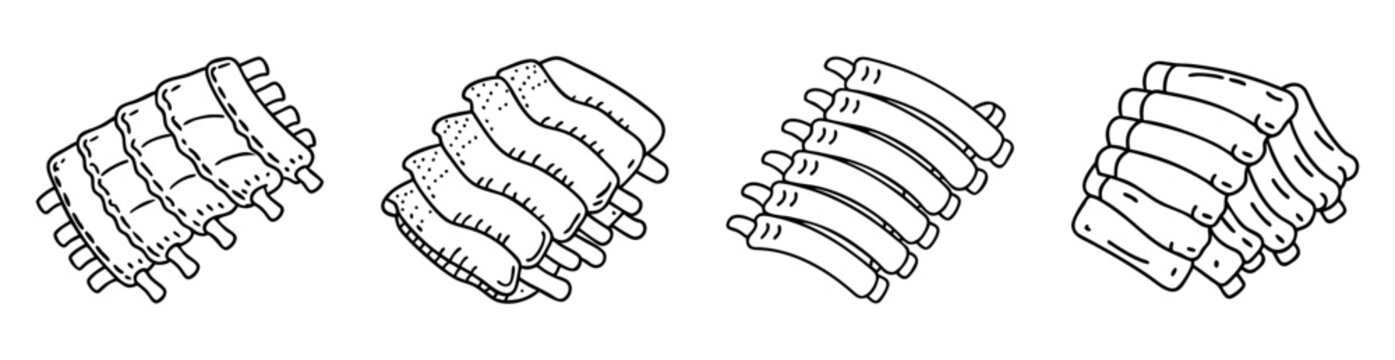 Black and white sketch of different types of meat ribs in rows