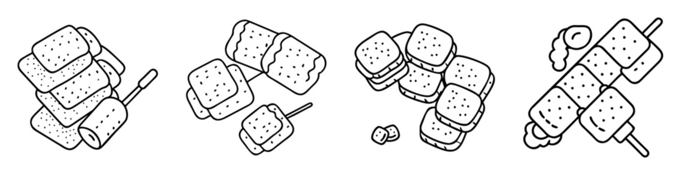 Black and white line art drawings of s'mores with marshmallows on sticks