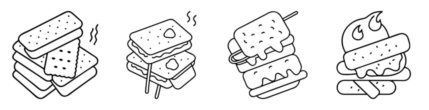 Black and white line art illustration featuring four s'mores designs