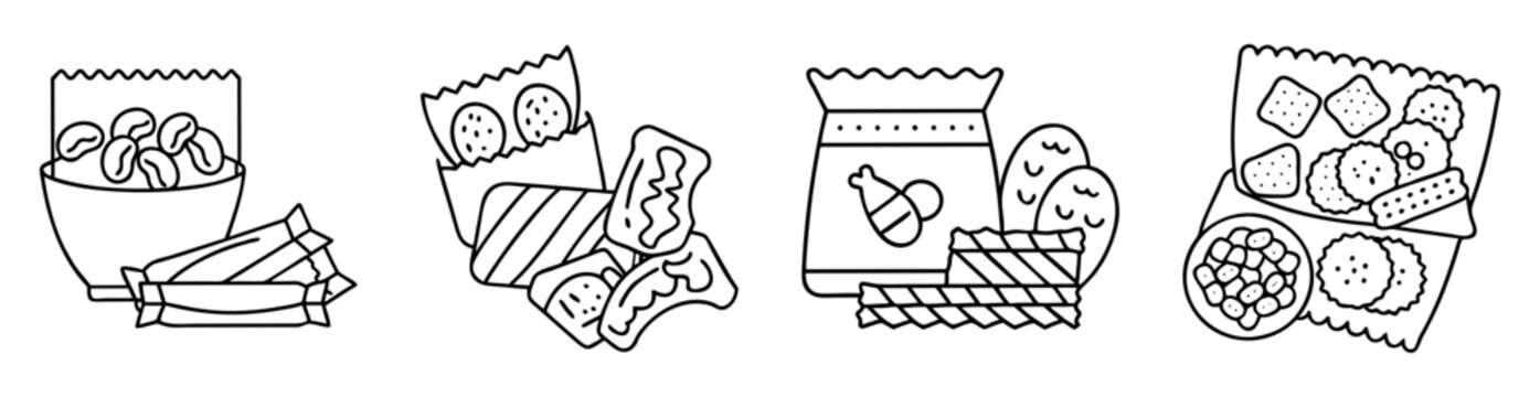 Various types of snacks and chips in wrappers and bags line art