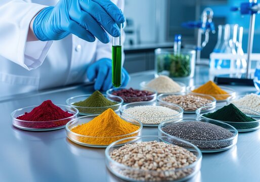 Scientist Testing Colorful Nutritional Powders and Natural Supplements in Lab