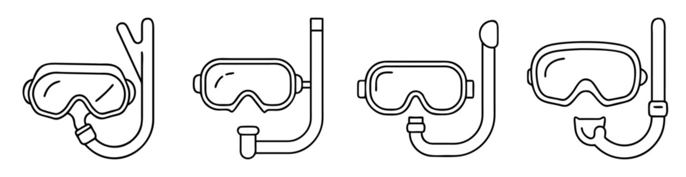Line art showing multiple scuba diving masks with snorkel, isolated on white