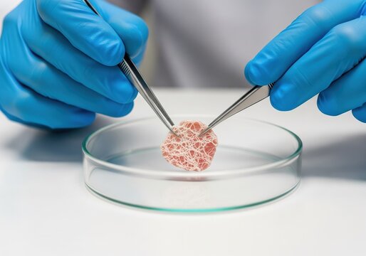 Scientist holding cultured lab grown meat with tweezers in a petri dish