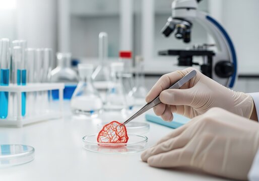 Scientist holding 3D bioprinted red vascular tissue scaffold in laboratory