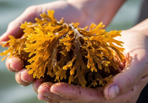 Person hands holding fresh brown seaweed kelp at the beach close-up view