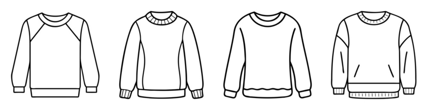 Line art drawing showcasing four different designs of sweatshirts or pullovers