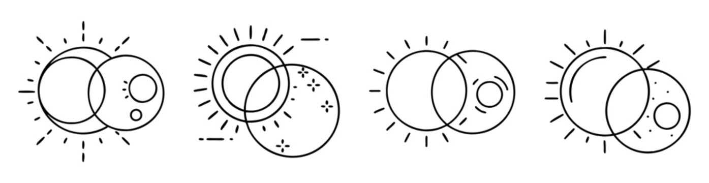 Four stylized celestial drawings representing solar eclipse and new moon phases