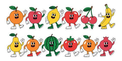 Obraz premium A playful collection of cartoon fruit characters smiling and waving with arms and legs