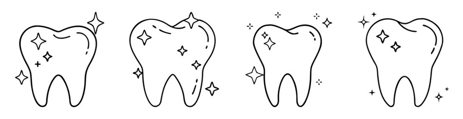 Obraz premium Cartoon line drawing of clean teeth with sparkling stars, dental hygiene concept