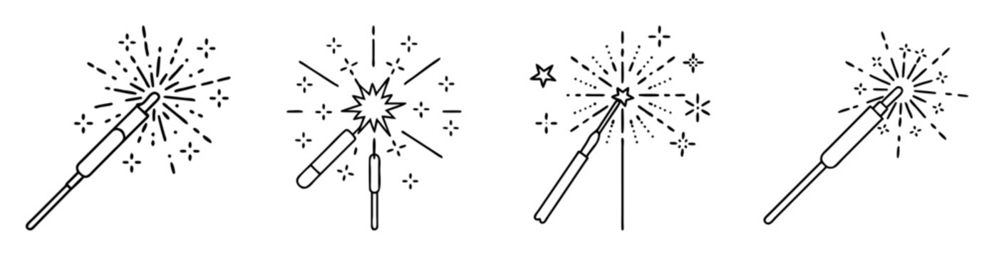 Set of four vector line art illustrations of burning sparklers with stars