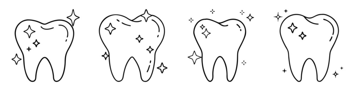 Cartoon line drawing of clean teeth with sparkling stars, dental hygiene concept