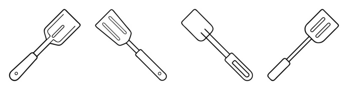 Black and white line art illustration of kitchen spatulas with different shapes