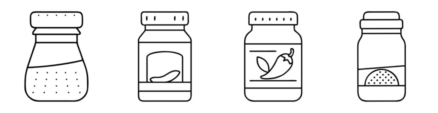 Four stylized spice jars containing pepper and dried chilies, black and white